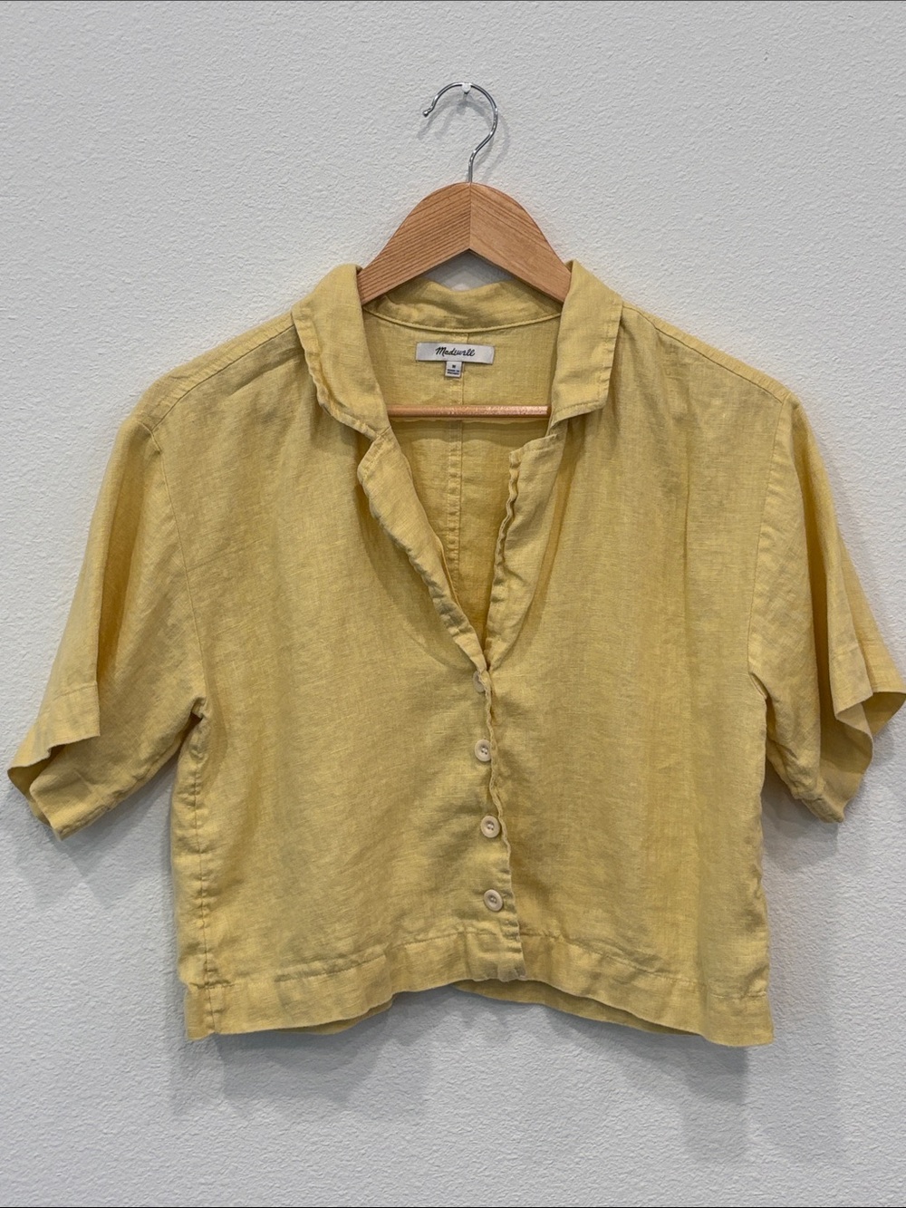 Madewell Women’s Soft Yellow 100% Linen Button-Front Crop Shirt Size M